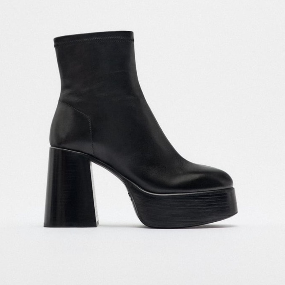 NWOT. Zara Black Leather High Heel Platform Ankle Boots. Size 10/EU 41.